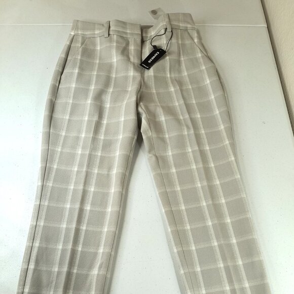 NEW Express Columnist Ankle Mid Rise Size 00 Short Stretch Grey Plaid Pants - Picture 6 of 11